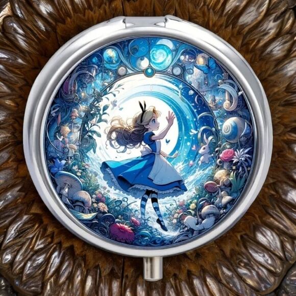 Alice in Wonderland Pill Box Medicine Mini Steel Case Mirrored Travel Purse Size - Picture 1 of 7